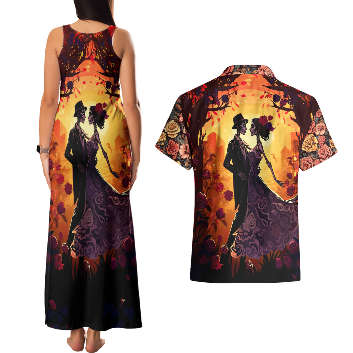 Day of Dead Couple Couples Matching Tank Maxi Dress and Hawaiian Shirt Sugar Skull Couple Dancing - Wonder Print Shop