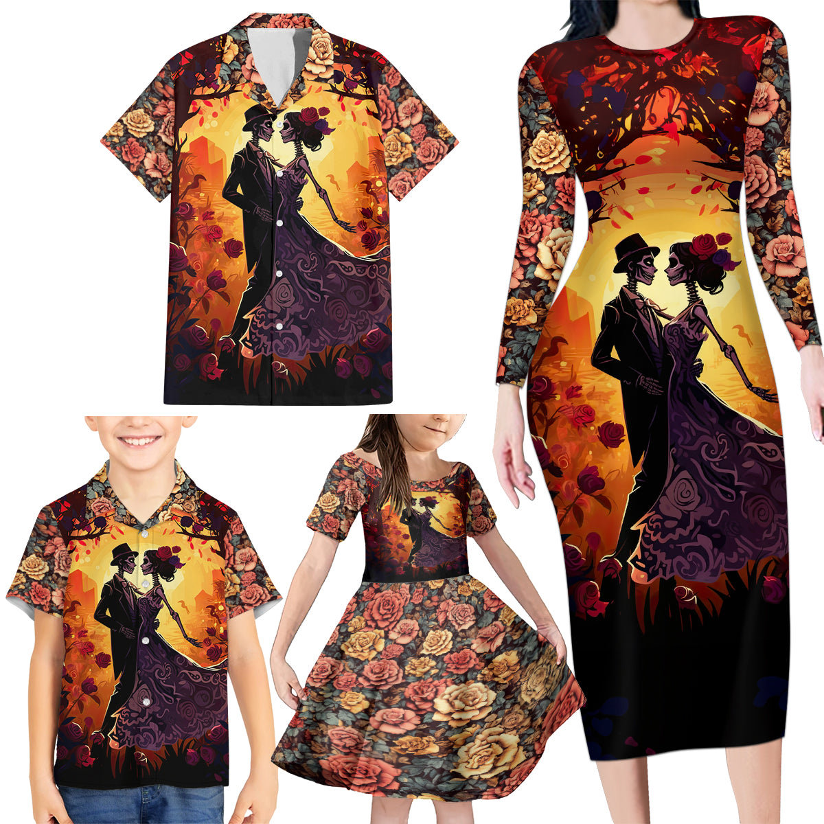 Day of Dead Couple Family Matching Long Sleeve Bodycon Dress and Hawaiian Shirt Sugar Skull Couple Dancing - Wonder Print Shop