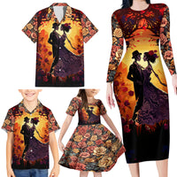 Day of Dead Couple Family Matching Long Sleeve Bodycon Dress and Hawaiian Shirt Sugar Skull Couple Dancing - Wonder Print Shop