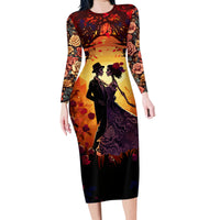 Day of Dead Couple Family Matching Long Sleeve Bodycon Dress and Hawaiian Shirt Sugar Skull Couple Dancing - Wonder Print Shop
