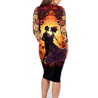 Day of Dead Couple Family Matching Long Sleeve Bodycon Dress and Hawaiian Shirt Sugar Skull Couple Dancing - Wonder Print Shop