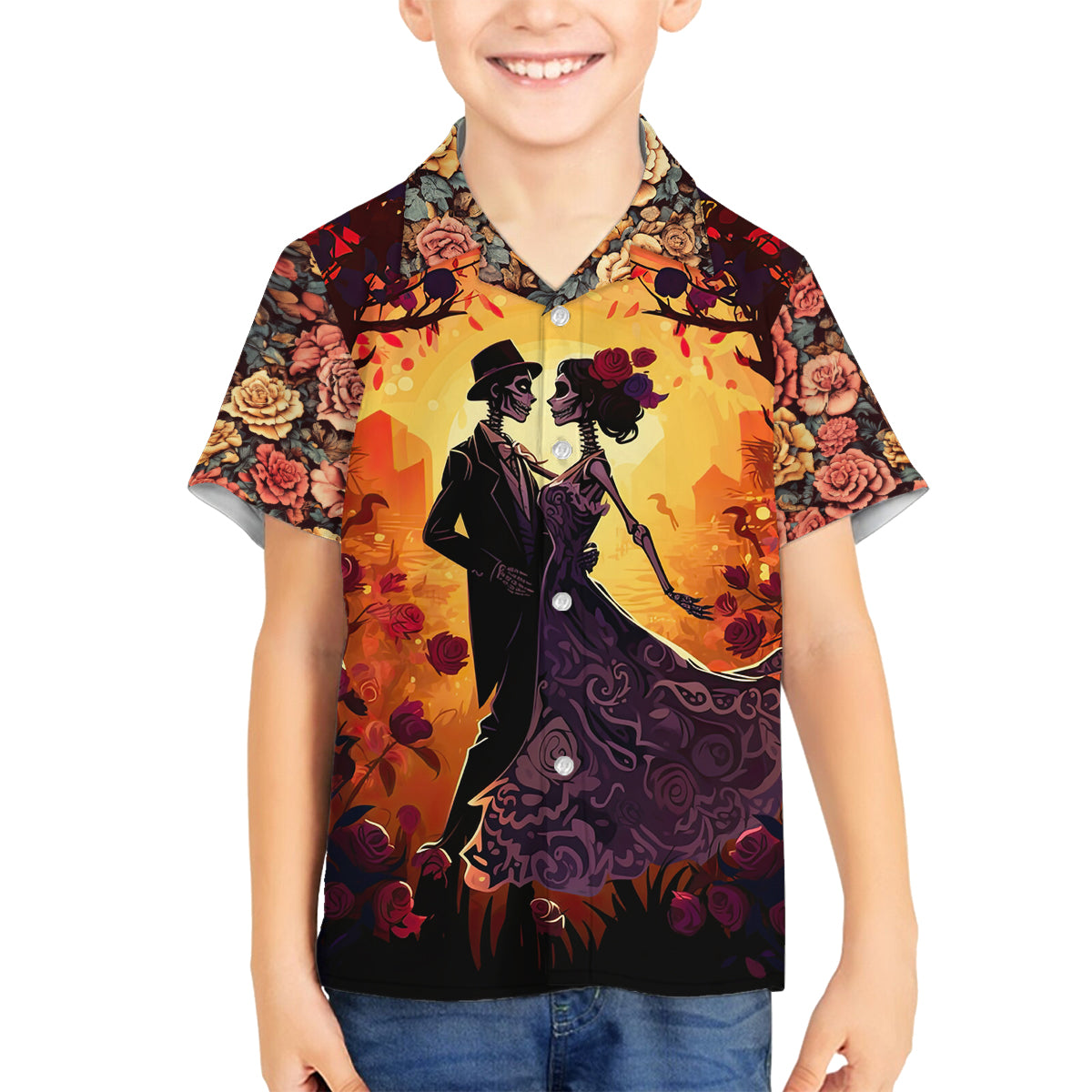 Day of Dead Couple Family Matching Long Sleeve Bodycon Dress and Hawaiian Shirt Sugar Skull Couple Dancing - Wonder Print Shop