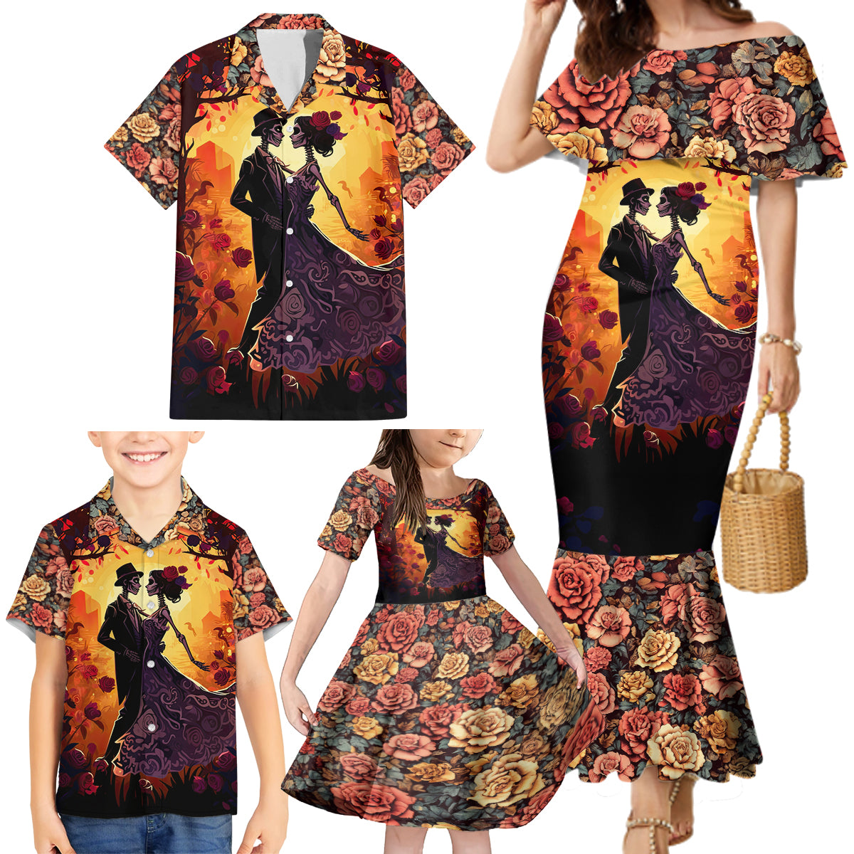 Day of Dead Couple Family Matching Mermaid Dress and Hawaiian Shirt Sugar Skull Couple Dancing - Wonder Print Shop
