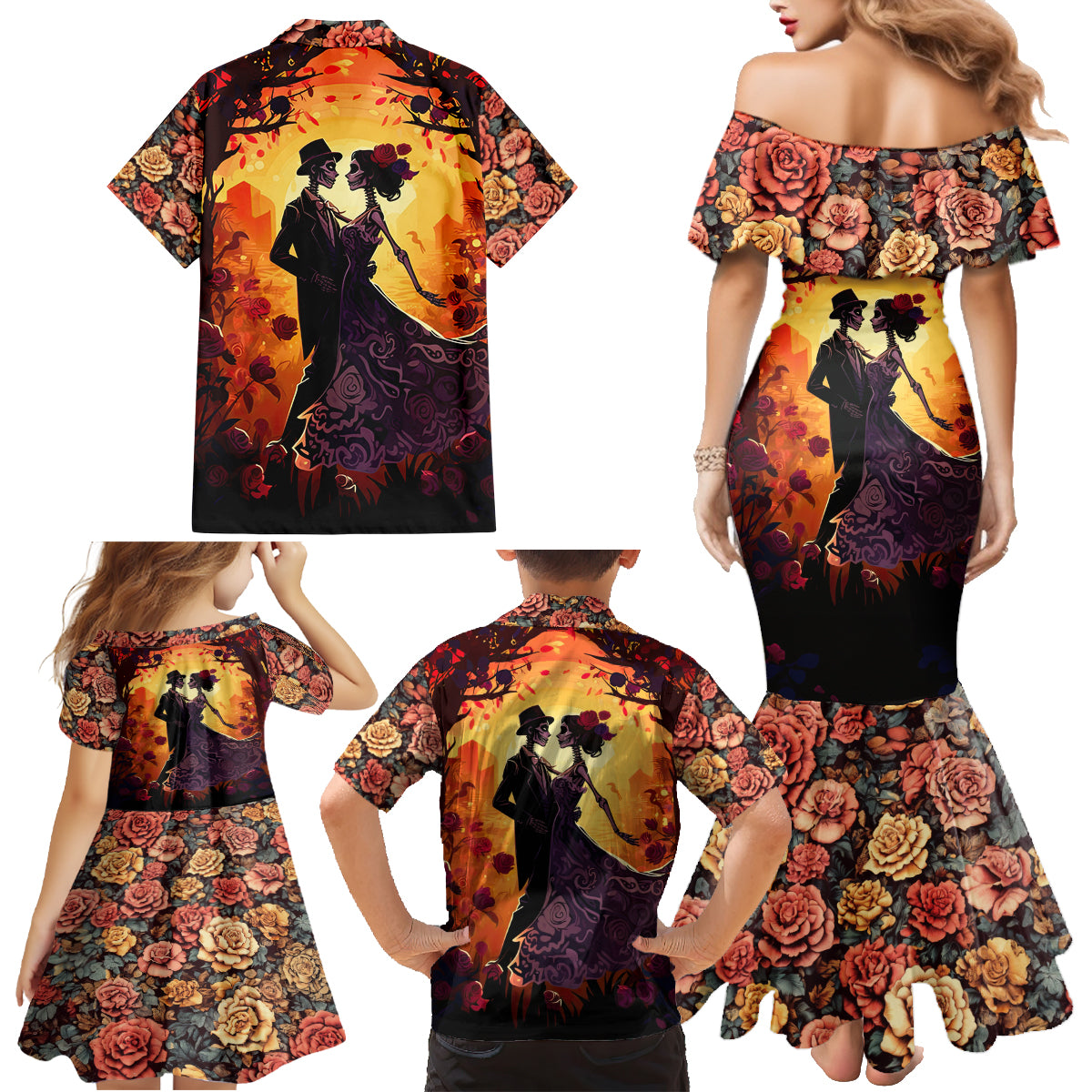 Day of Dead Couple Family Matching Mermaid Dress and Hawaiian Shirt Sugar Skull Couple Dancing - Wonder Print Shop