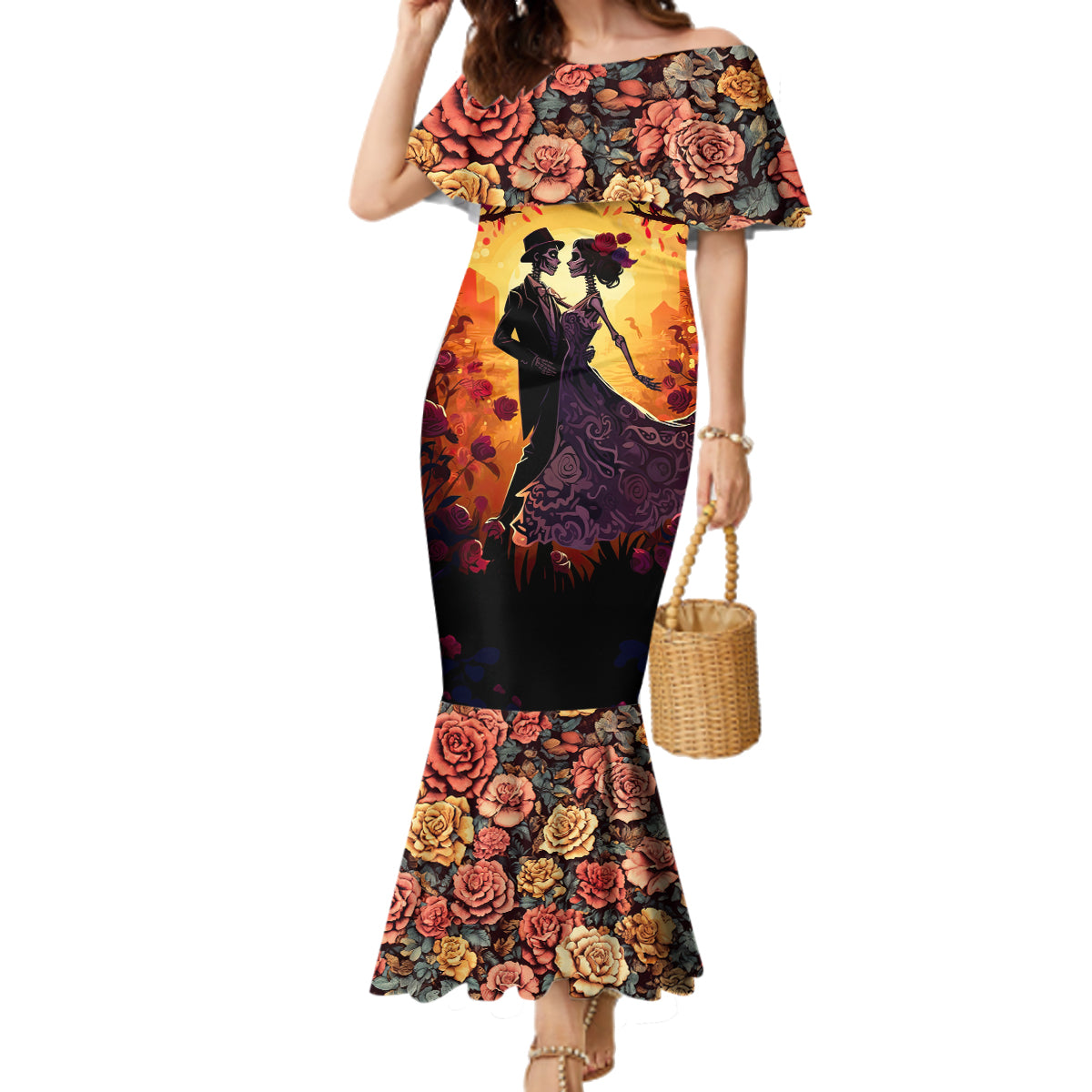 Day of Dead Couple Family Matching Mermaid Dress and Hawaiian Shirt Sugar Skull Couple Dancing - Wonder Print Shop