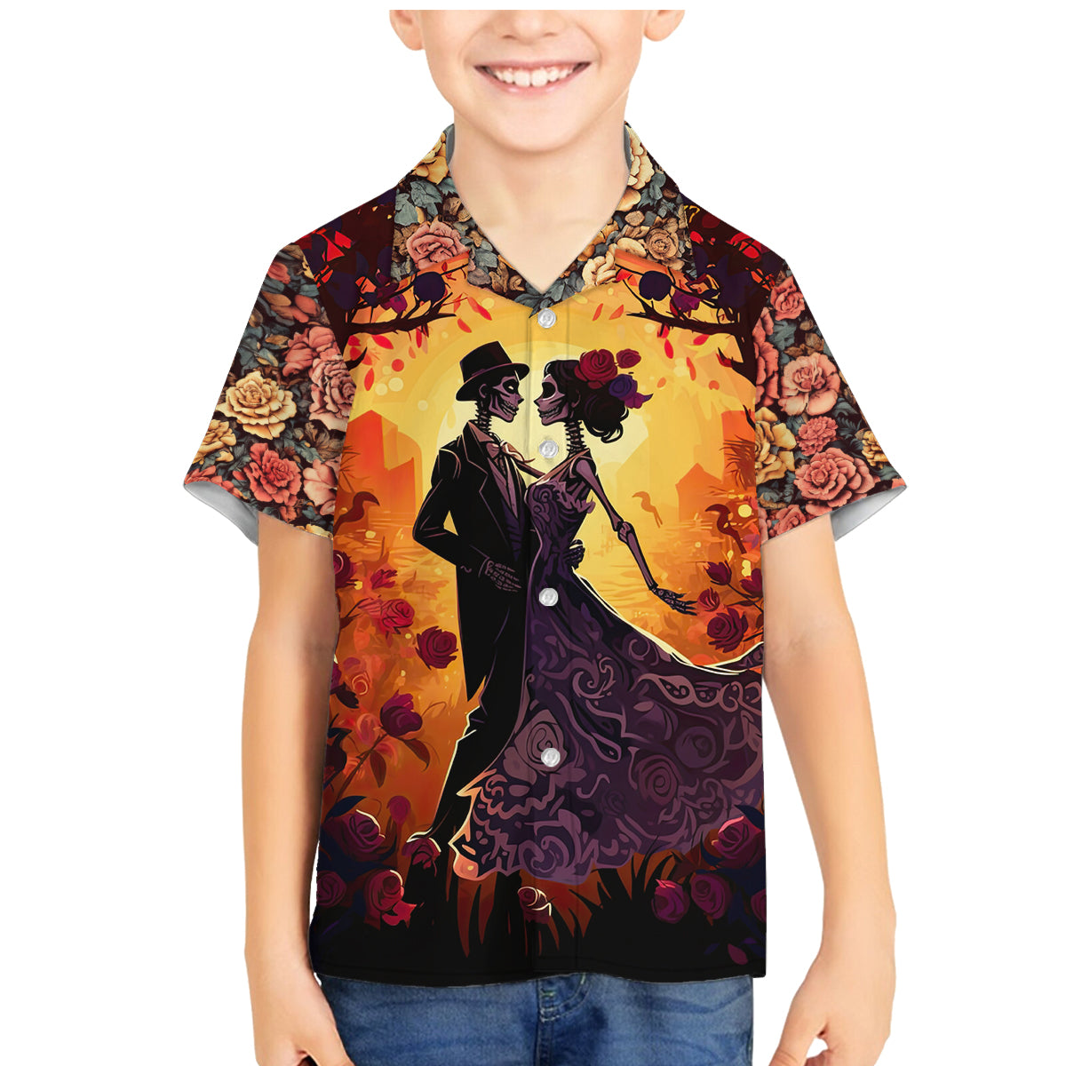 Day of Dead Couple Family Matching Mermaid Dress and Hawaiian Shirt Sugar Skull Couple Dancing - Wonder Print Shop