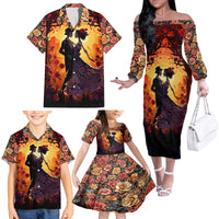 Day of Dead Couple Family Matching Off Shoulder Long Sleeve Dress and Hawaiian Shirt Sugar Skull Couple Dancing - Wonder Print Shop