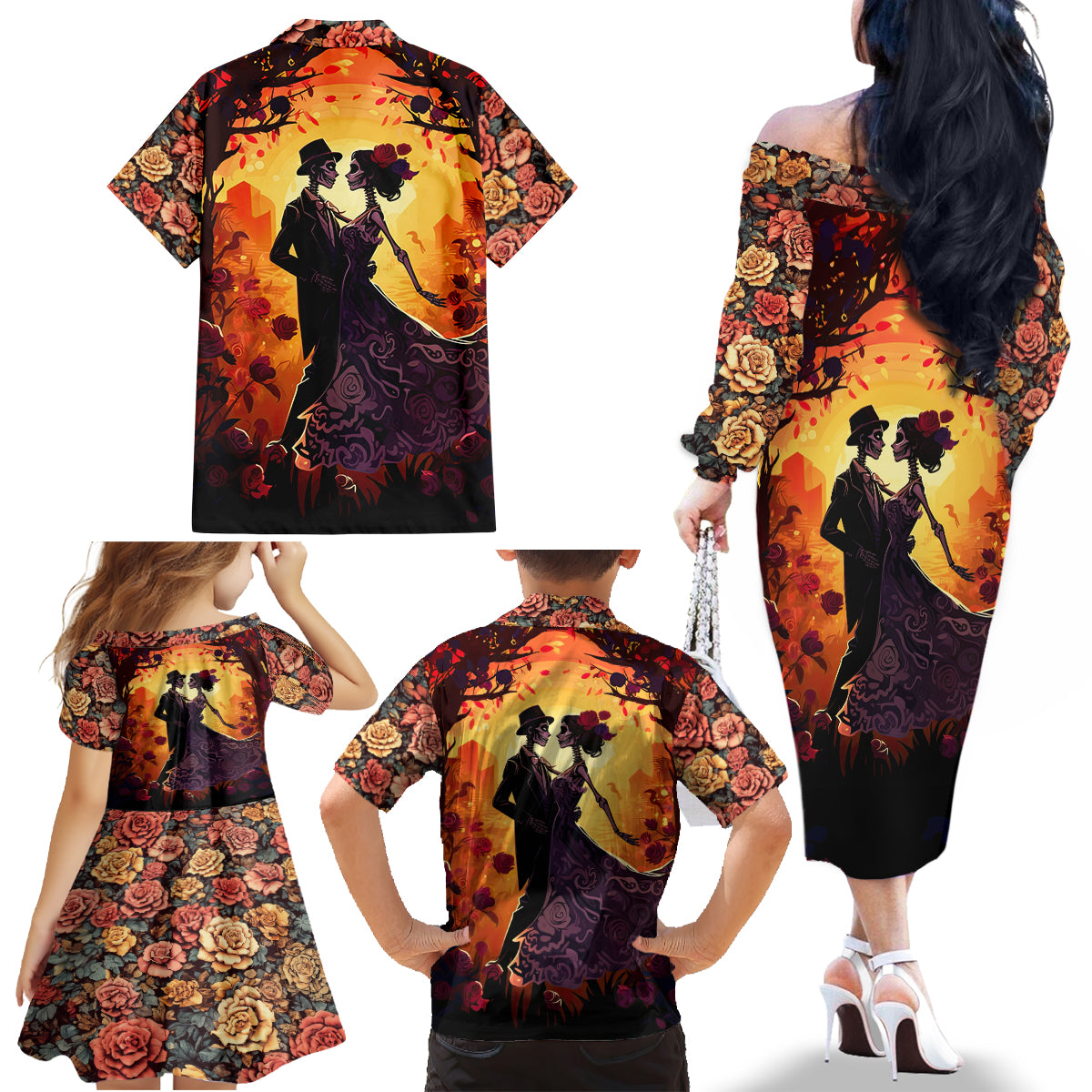 Day of Dead Couple Family Matching Off Shoulder Long Sleeve Dress and Hawaiian Shirt Sugar Skull Couple Dancing - Wonder Print Shop