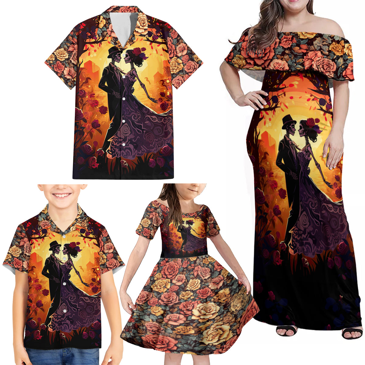 Day of Dead Couple Family Matching Off Shoulder Maxi Dress and Hawaiian Shirt Sugar Skull Couple Dancing - Wonder Print Shop