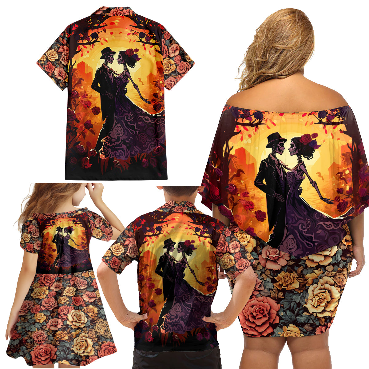Day of Dead Couple Family Matching Off Shoulder Short Dress and Hawaiian Shirt Sugar Skull Couple Dancing - Wonder Print Shop