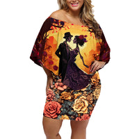 Day of Dead Couple Family Matching Off Shoulder Short Dress and Hawaiian Shirt Sugar Skull Couple Dancing - Wonder Print Shop