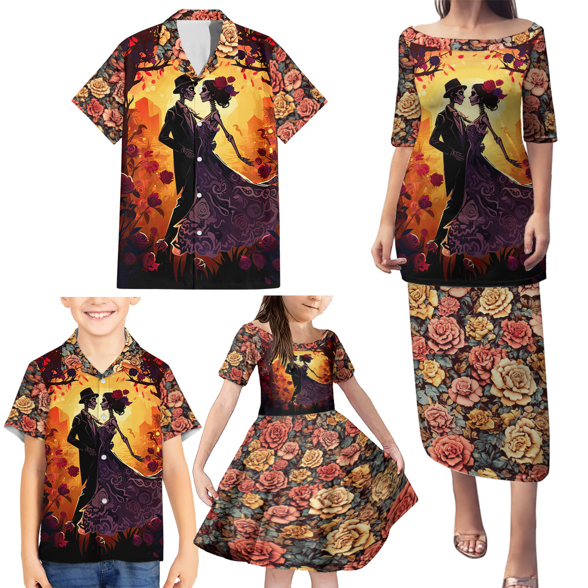 Day of Dead Couple Family Matching Puletasi Dress and Hawaiian Shirt Sugar Skull Couple Dancing - Wonder Print Shop