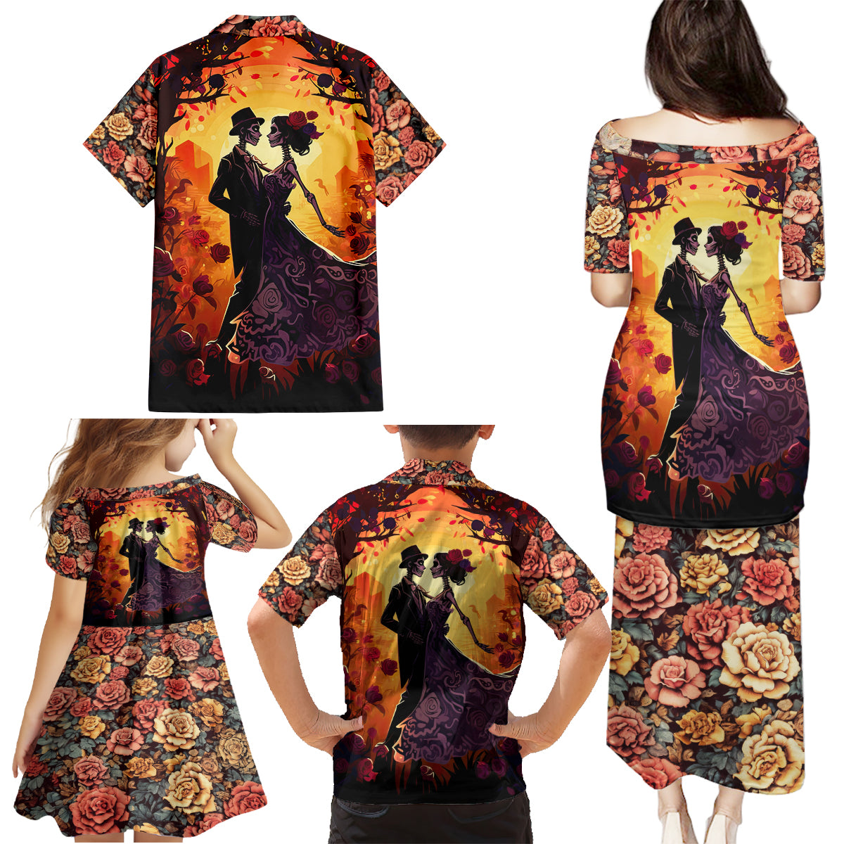 Day of Dead Couple Family Matching Puletasi Dress and Hawaiian Shirt Sugar Skull Couple Dancing - Wonder Print Shop