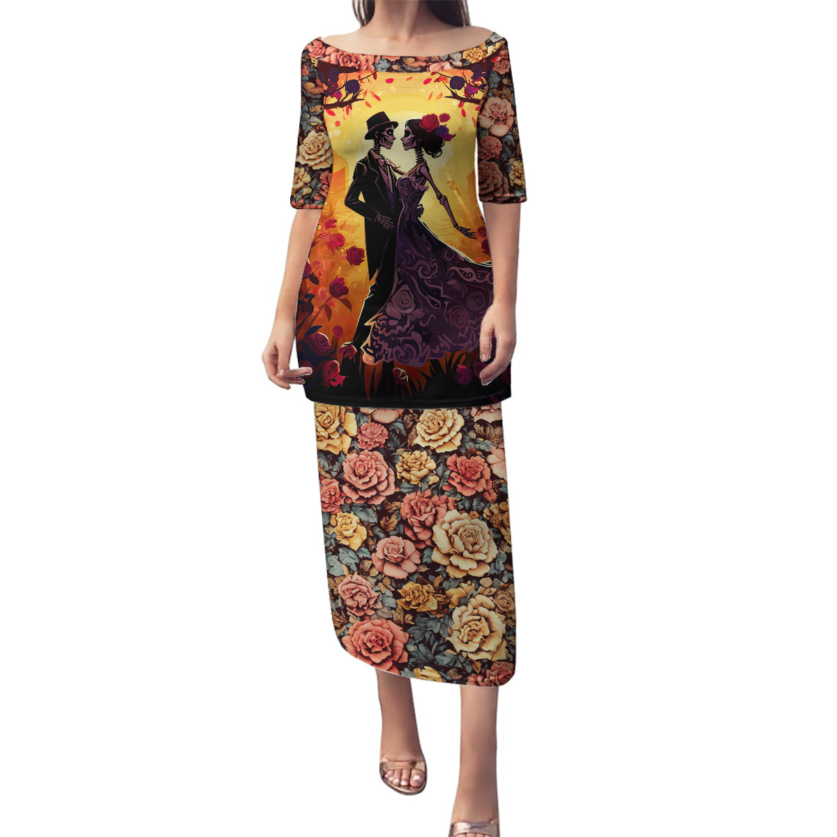 Day of Dead Couple Family Matching Puletasi Dress and Hawaiian Shirt Sugar Skull Couple Dancing - Wonder Print Shop