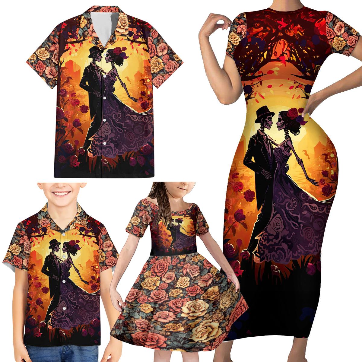Day of Dead Couple Family Matching Short Sleeve Bodycon Dress and Hawaiian Shirt Sugar Skull Couple Dancing - Wonder Print Shop