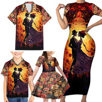 Day of Dead Couple Family Matching Short Sleeve Bodycon Dress and Hawaiian Shirt Sugar Skull Couple Dancing - Wonder Print Shop
