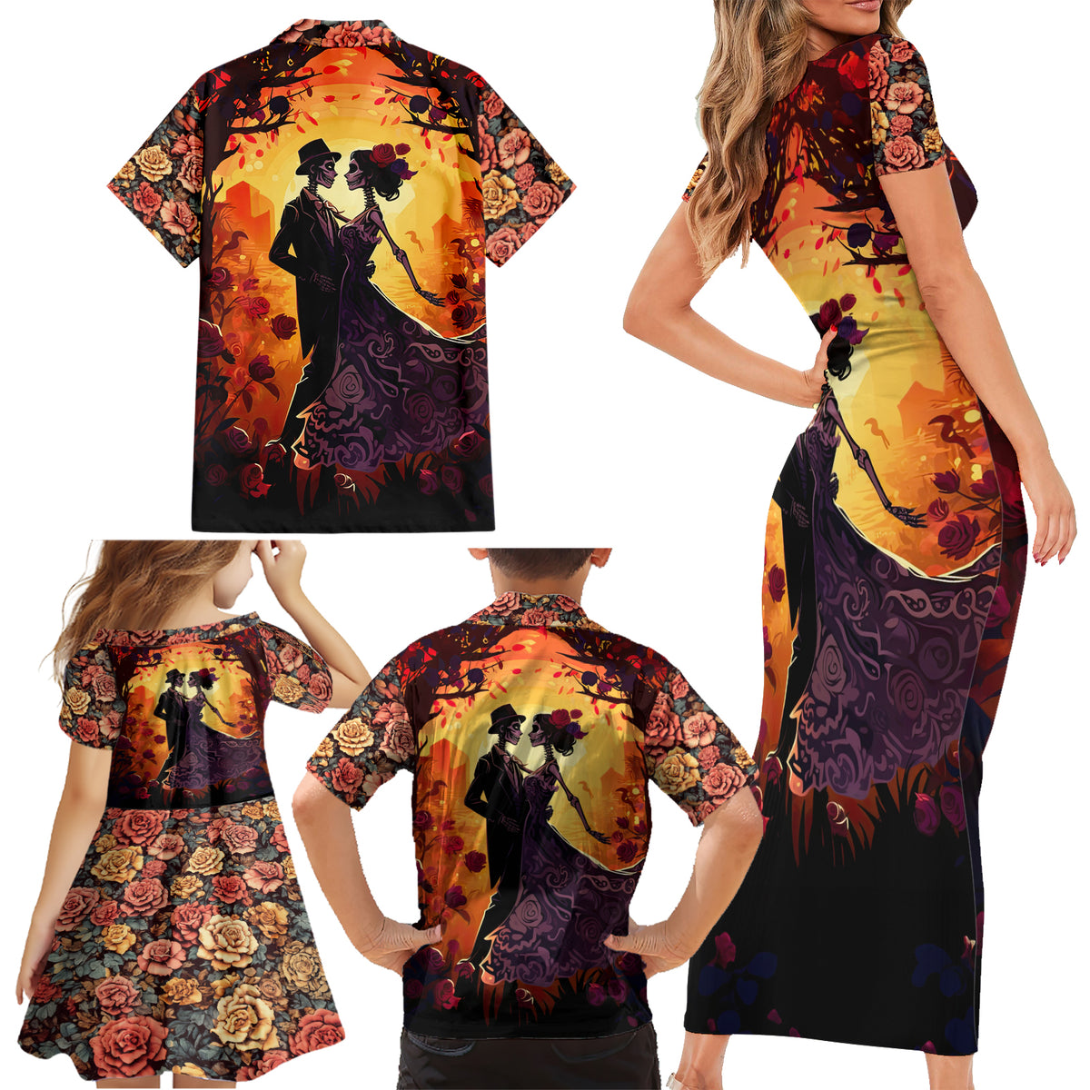 Day of Dead Couple Family Matching Short Sleeve Bodycon Dress and Hawaiian Shirt Sugar Skull Couple Dancing - Wonder Print Shop