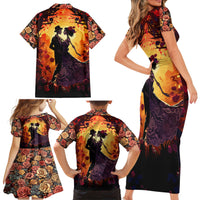 Day of Dead Couple Family Matching Short Sleeve Bodycon Dress and Hawaiian Shirt Sugar Skull Couple Dancing - Wonder Print Shop