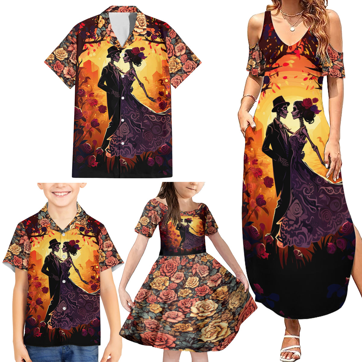 Day of Dead Couple Family Matching Summer Maxi Dress and Hawaiian Shirt Sugar Skull Couple Dancing - Wonder Print Shop