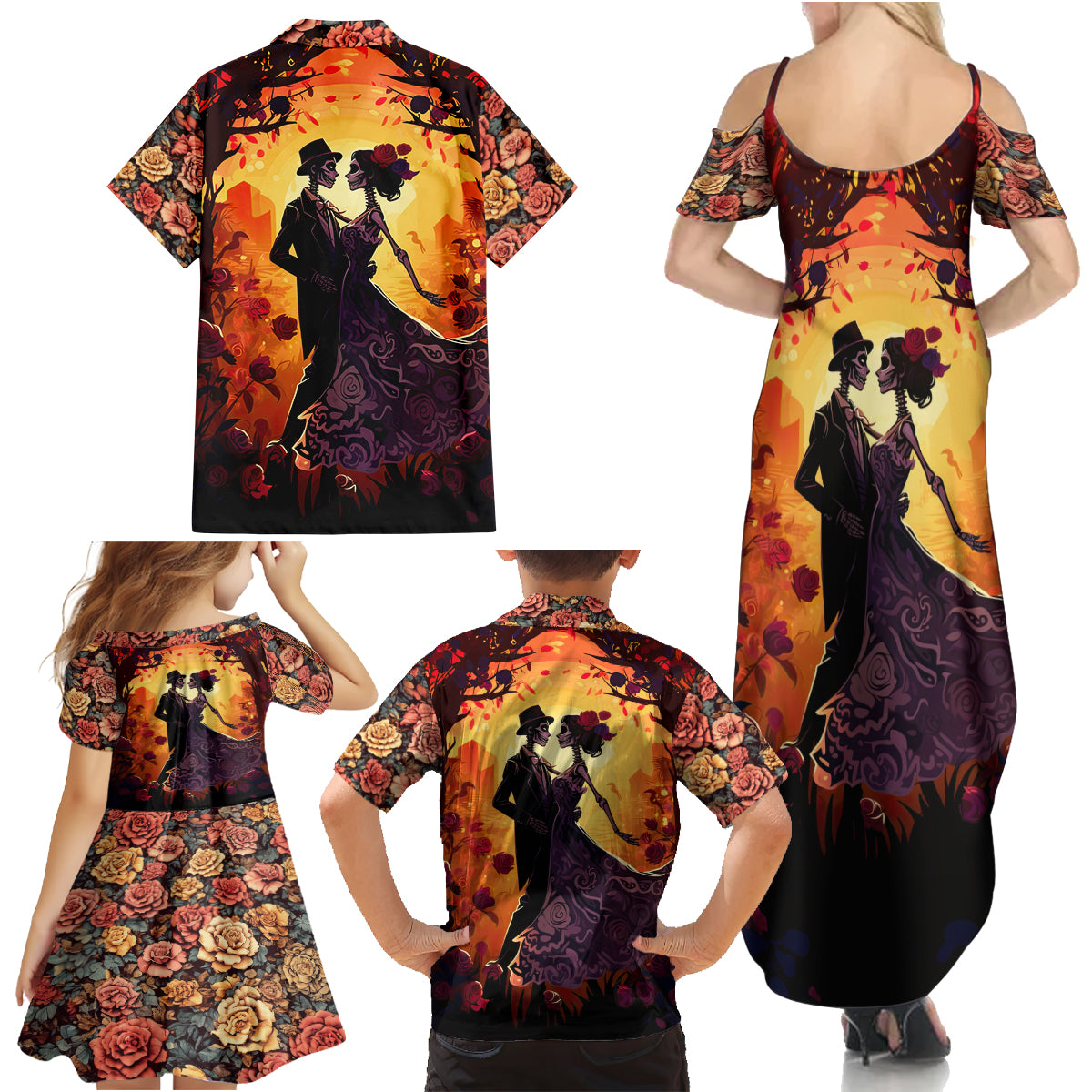 Day of Dead Couple Family Matching Summer Maxi Dress and Hawaiian Shirt Sugar Skull Couple Dancing - Wonder Print Shop