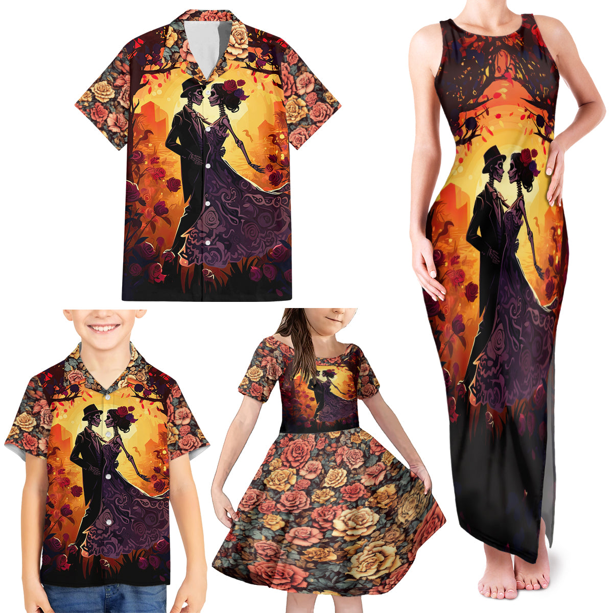 Day of Dead Couple Family Matching Tank Maxi Dress and Hawaiian Shirt Sugar Skull Couple Dancing - Wonder Print Shop
