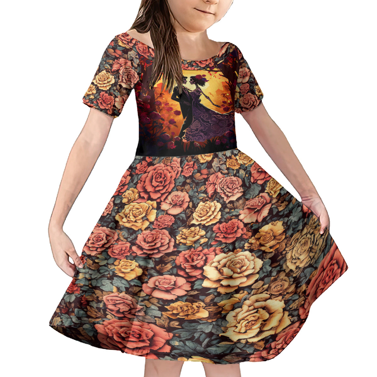 Day of Dead Couple Kid Short Sleeve Dress Sugar Skull Couple Dancing - Wonder Print Shop