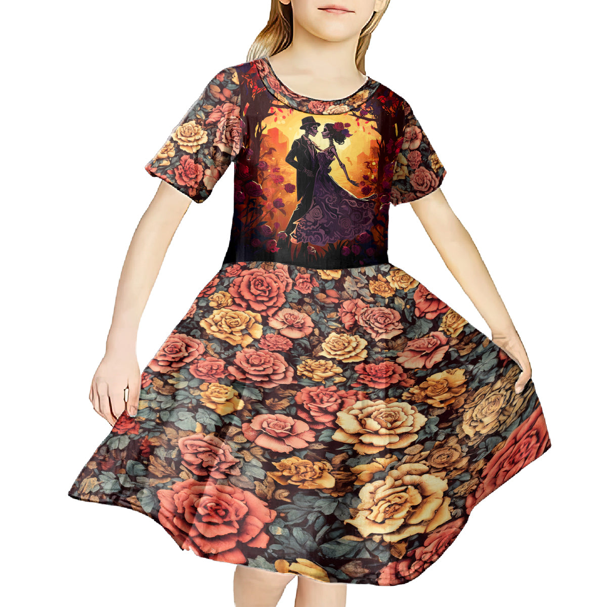 Day of Dead Couple Kid Short Sleeve Dress Sugar Skull Couple Dancing - Wonder Print Shop