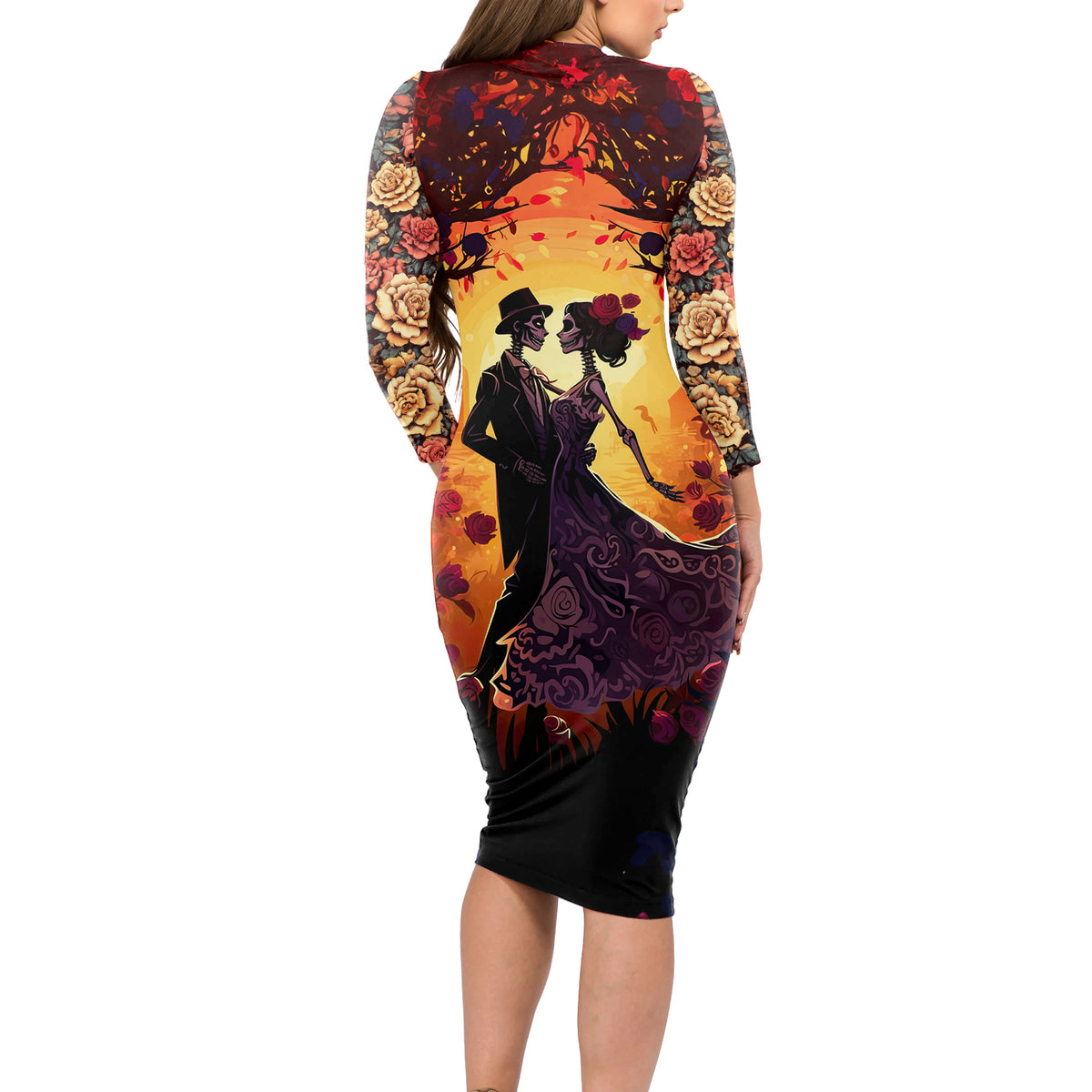 Day of Dead Couple Long Sleeve Bodycon Dress Sugar Skull Couple Dancing - Wonder Print Shop