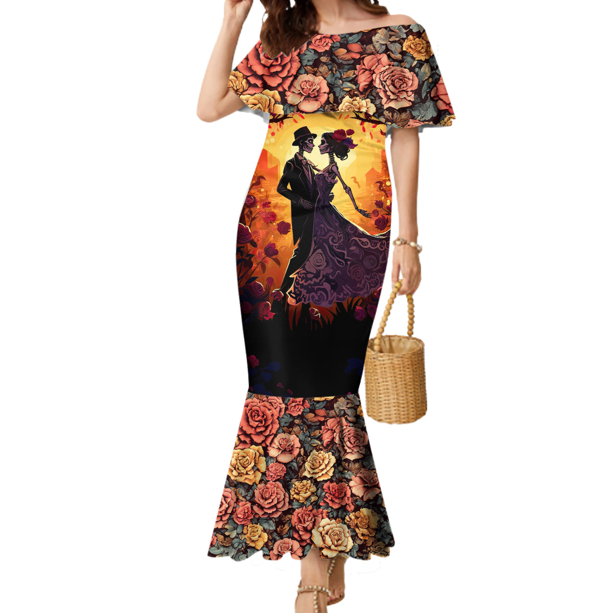 Day of Dead Couple Mermaid Dress Sugar Skull Couple Dancing - Wonder Print Shop
