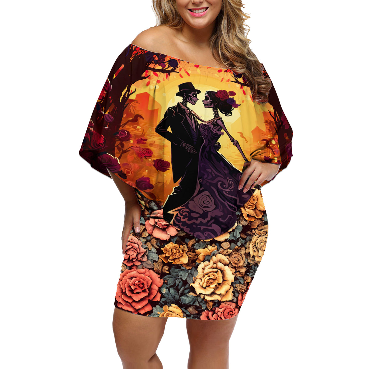 Day of Dead Couple Off Shoulder Short Dress Sugar Skull Couple Dancing - Wonder Print Shop