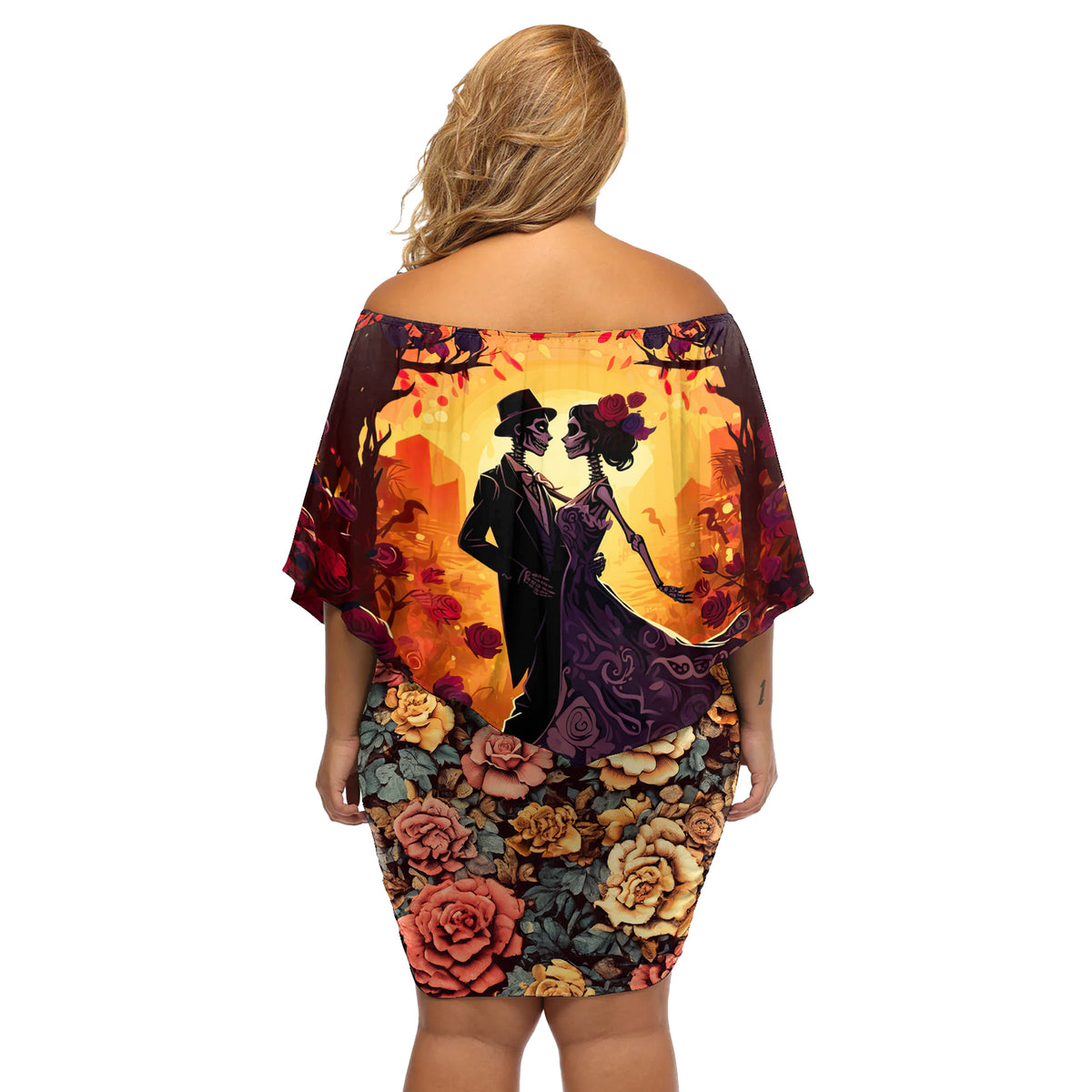 Day of Dead Couple Off Shoulder Short Dress Sugar Skull Couple Dancing - Wonder Print Shop