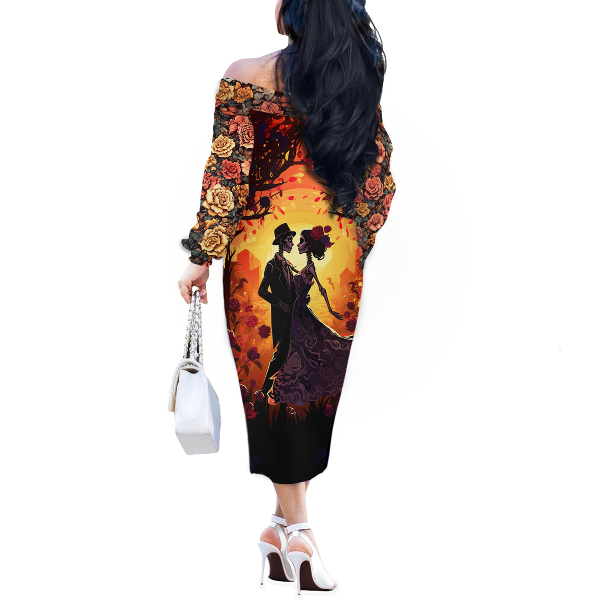 Day of Dead Couple Off The Shoulder Long Sleeve Dress Sugar Skull Couple Dancing - Wonder Print Shop