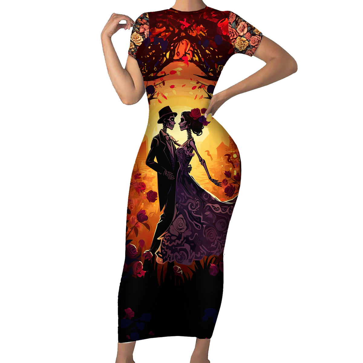 Day of Dead Couple Short Sleeve Bodycon Dress Sugar Skull Couple Dancing - Wonder Print Shop