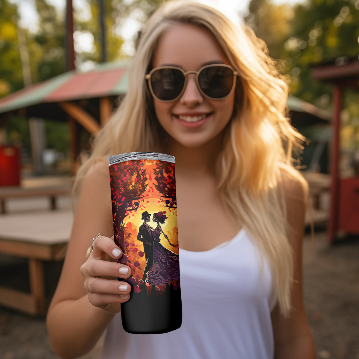 Day of Dead Couple Skinny Tumbler Sugar Skull Couple Dancing - Wonder Print Shop