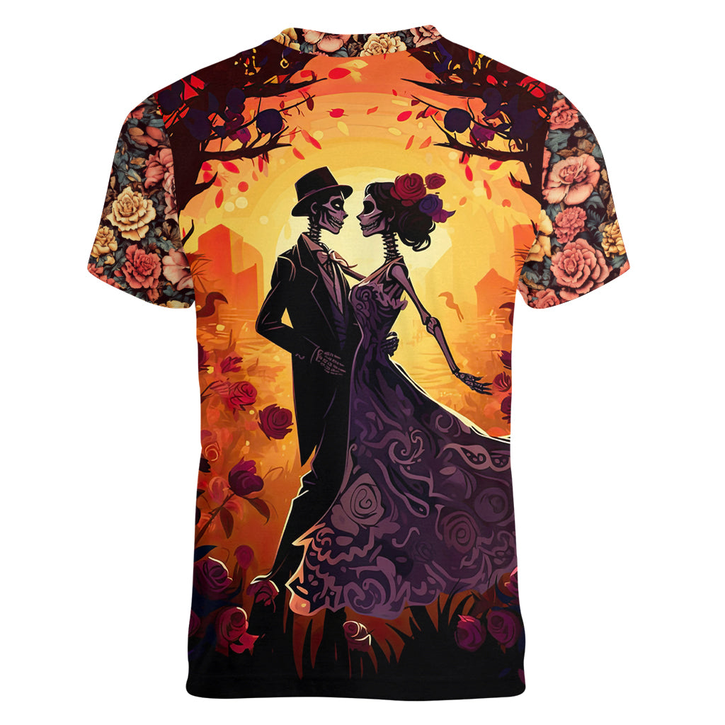 Day of Dead Couple Women V Neck T Shirt Sugar Skull Couple Dancing - Wonder Print Shop