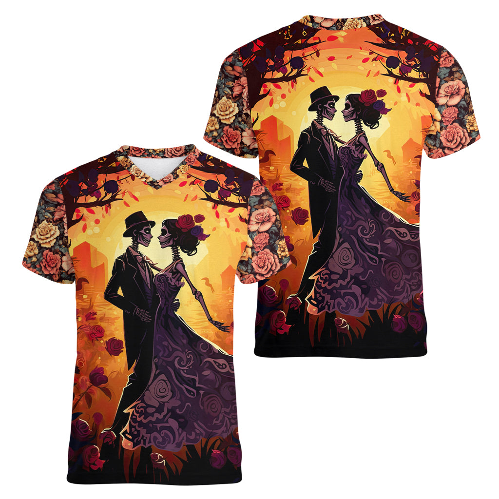 Day of Dead Couple Women V Neck T Shirt Sugar Skull Couple Dancing - Wonder Print Shop