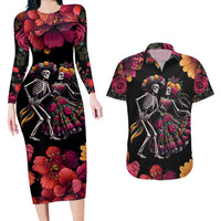 Day of Dead Couple Couples Matching Long Sleeve Bodycon Dress and Hawaiian Shirt Sugar Skull Couple Dancing - Wonder Print Shop