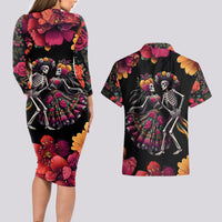 Day of Dead Couple Couples Matching Long Sleeve Bodycon Dress and Hawaiian Shirt Sugar Skull Couple Dancing - Wonder Print Shop