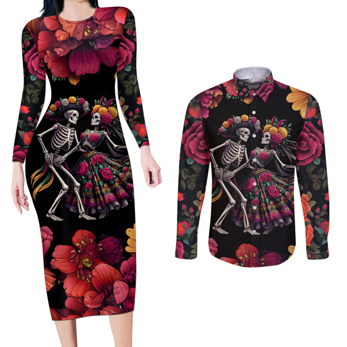 Day of Dead Couple Couples Matching Long Sleeve Bodycon Dress and Long Sleeve Button Shirt Sugar Skull Couple Dancing - Wonder Print Shop