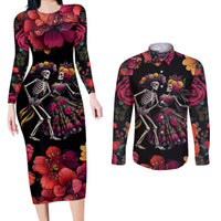 Day of Dead Couple Couples Matching Long Sleeve Bodycon Dress and Long Sleeve Button Shirt Sugar Skull Couple Dancing - Wonder Print Shop