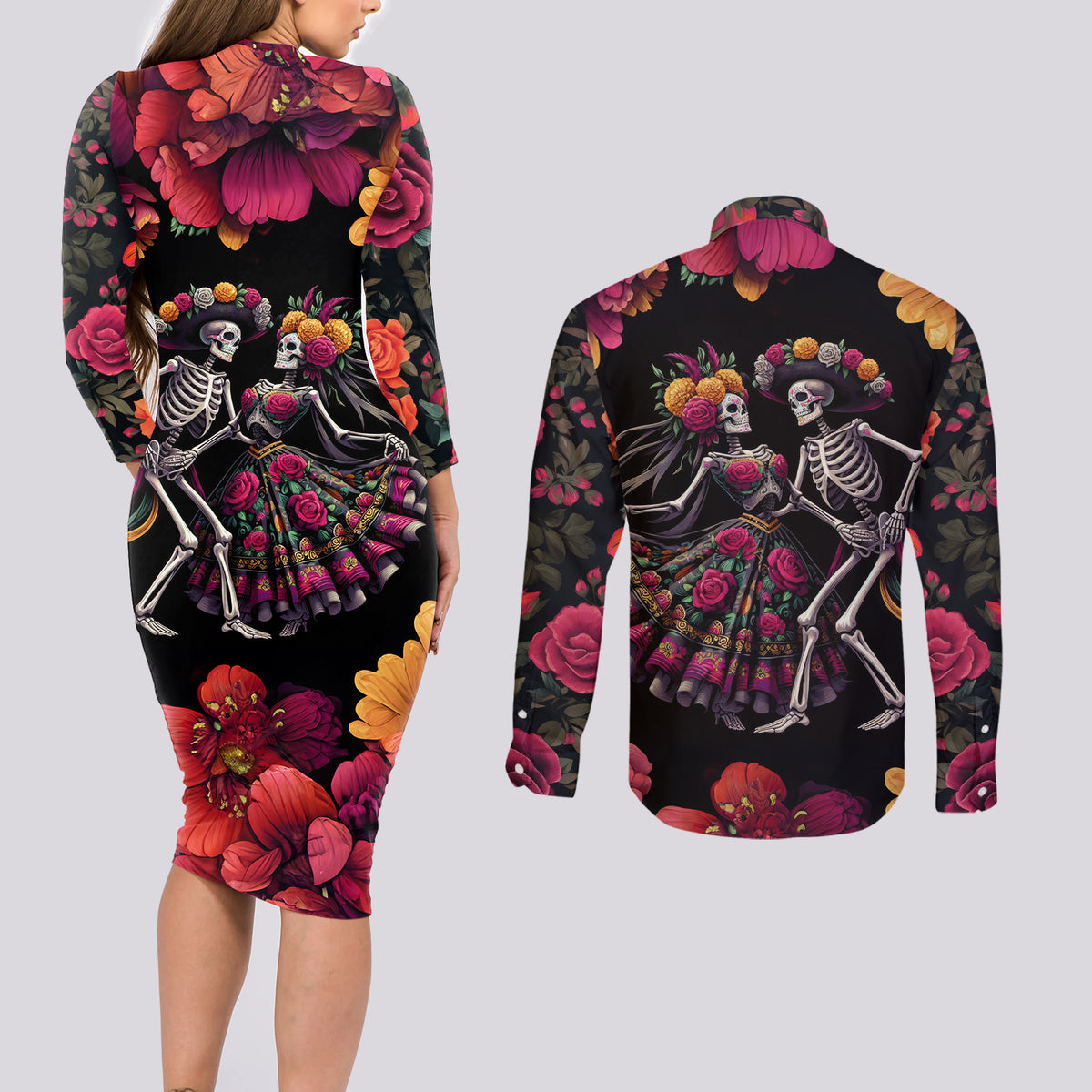 Day of Dead Couple Couples Matching Long Sleeve Bodycon Dress and Long Sleeve Button Shirt Sugar Skull Couple Dancing - Wonder Print Shop