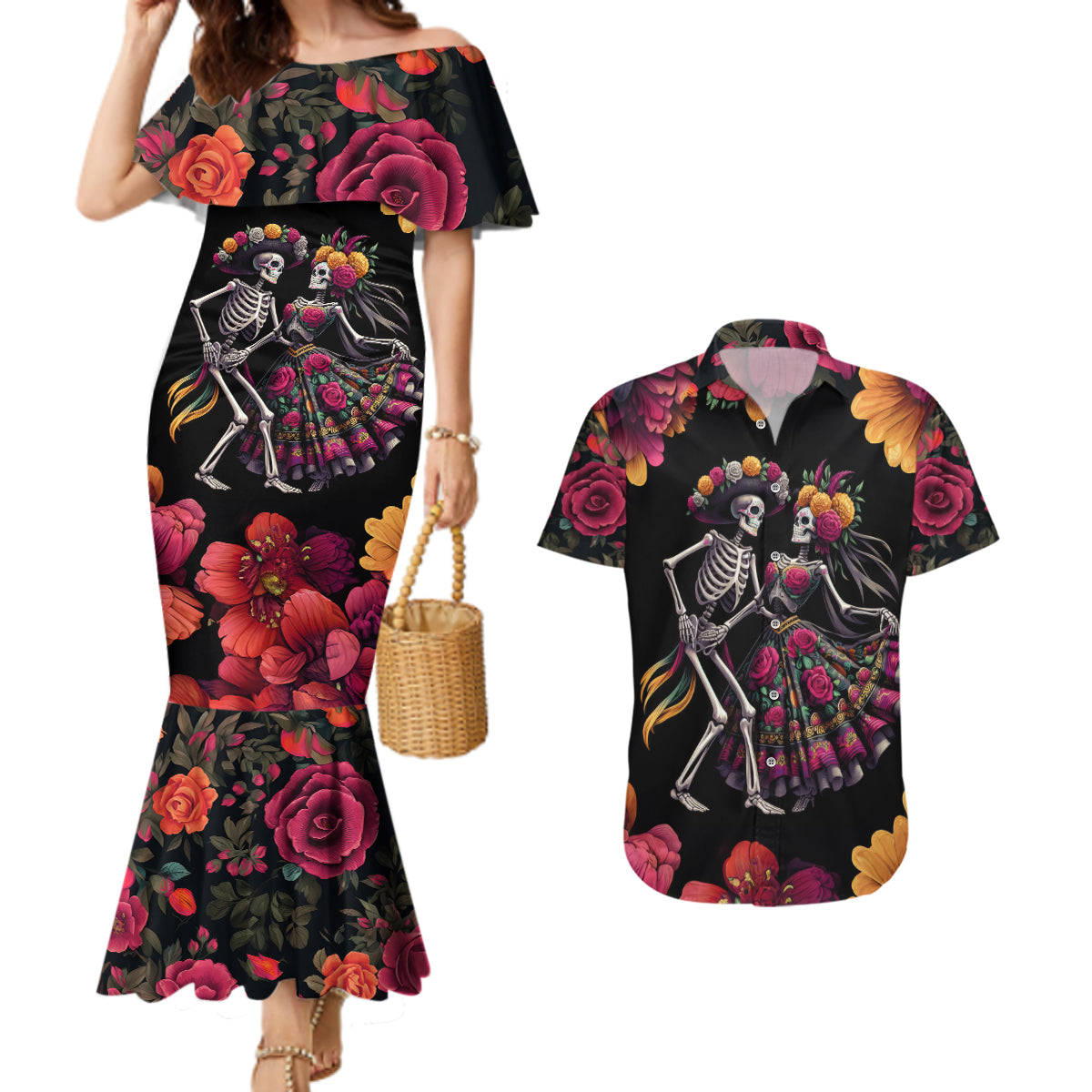 Day of Dead Couple Couples Matching Mermaid Dress and Hawaiian Shirt Sugar Skull Couple Dancing - Wonder Print Shop