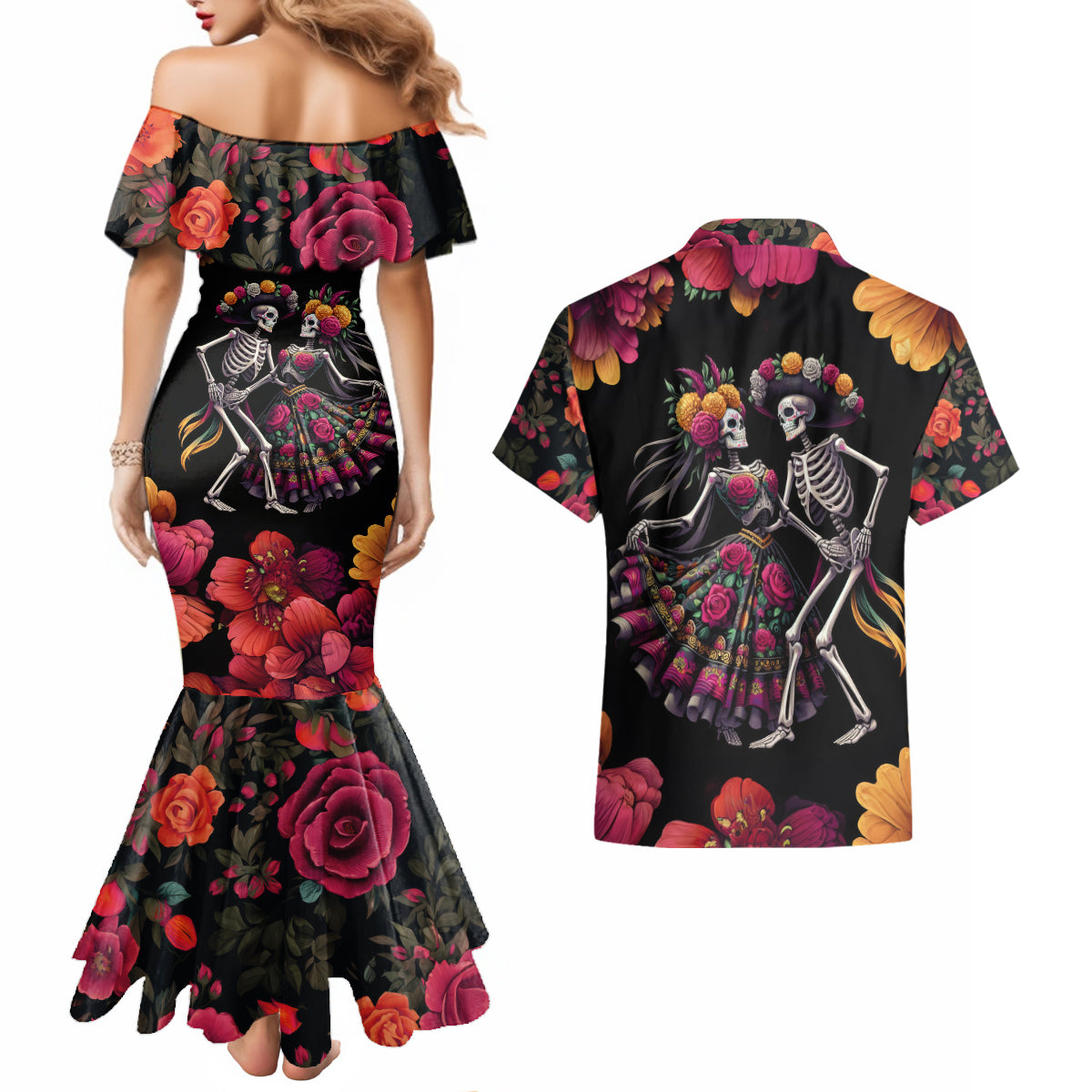 Day of Dead Couple Couples Matching Mermaid Dress and Hawaiian Shirt Sugar Skull Couple Dancing - Wonder Print Shop
