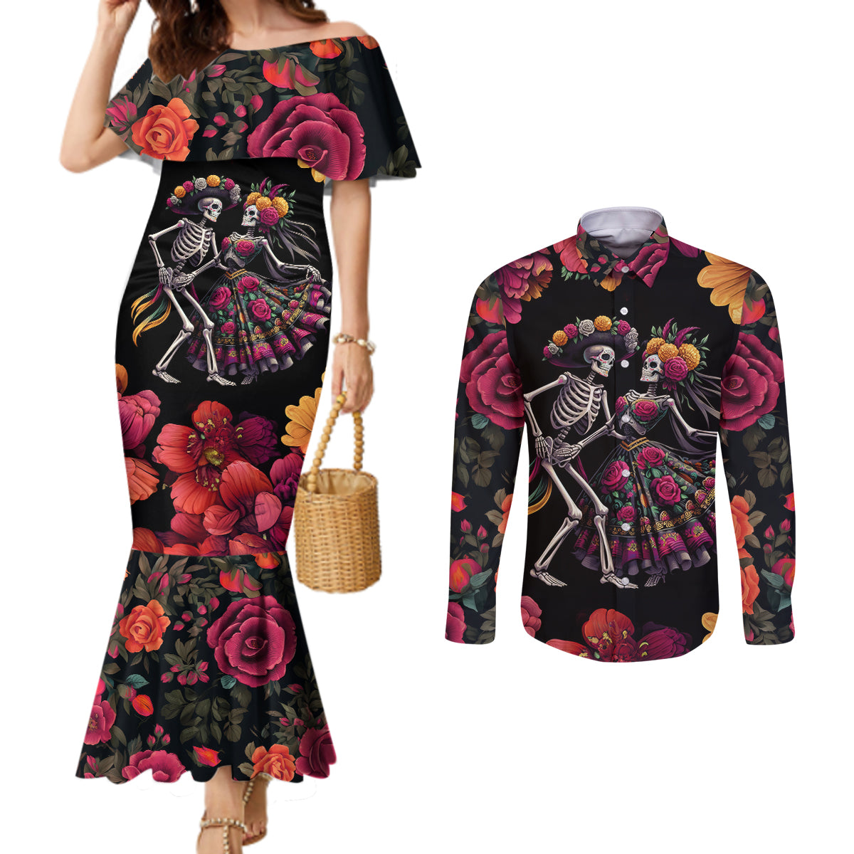 day-of-dead-couple-couples-matching-mermaid-dress-and-long-sleeve-button-shirt-sugar-skull-couple-dancing