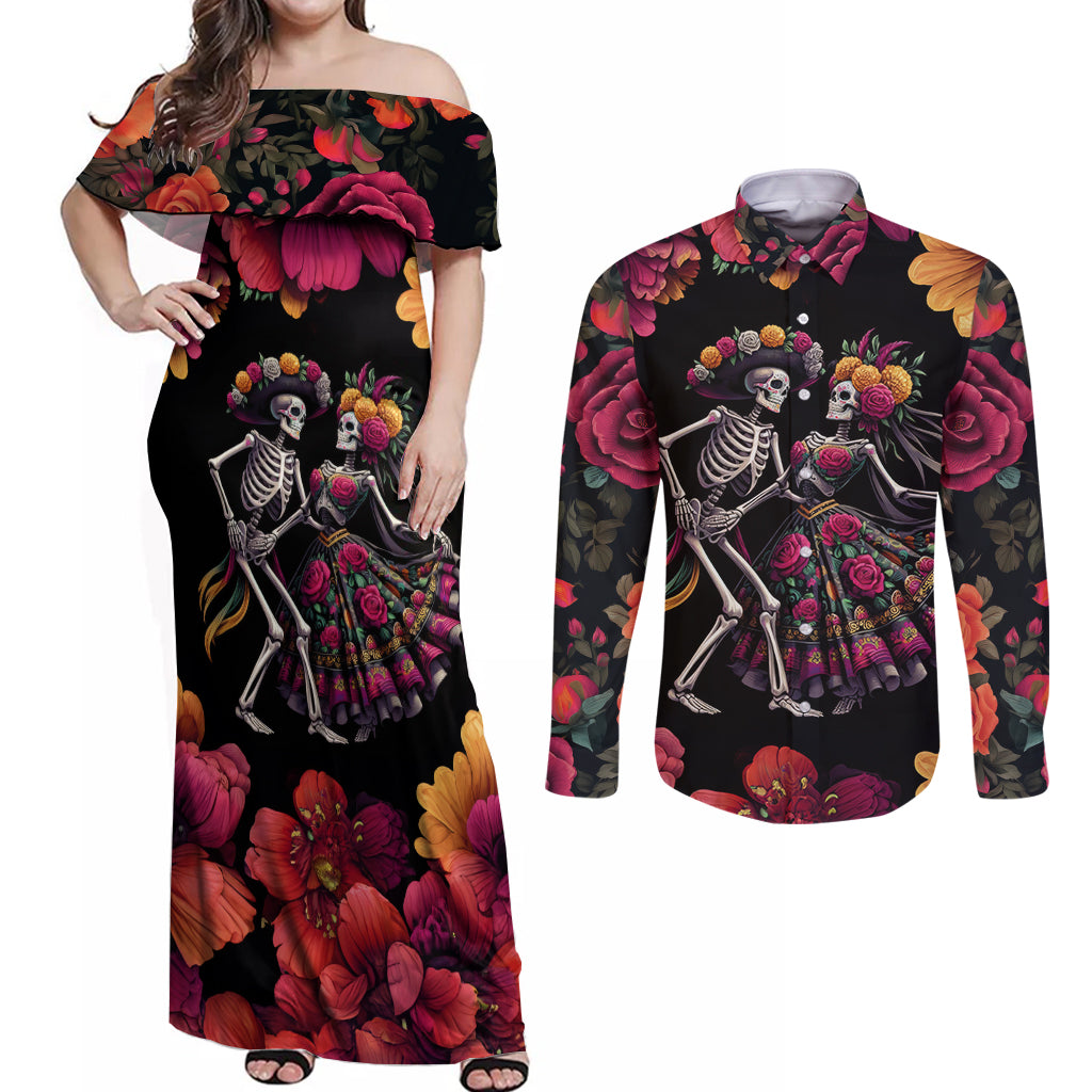 Day of Dead Couple Couples Matching Off Shoulder Maxi Dress and Long Sleeve Button Shirt Sugar Skull Couple Dancing - Wonder Print Shop