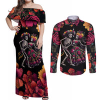 Day of Dead Couple Couples Matching Off Shoulder Maxi Dress and Long Sleeve Button Shirt Sugar Skull Couple Dancing - Wonder Print Shop
