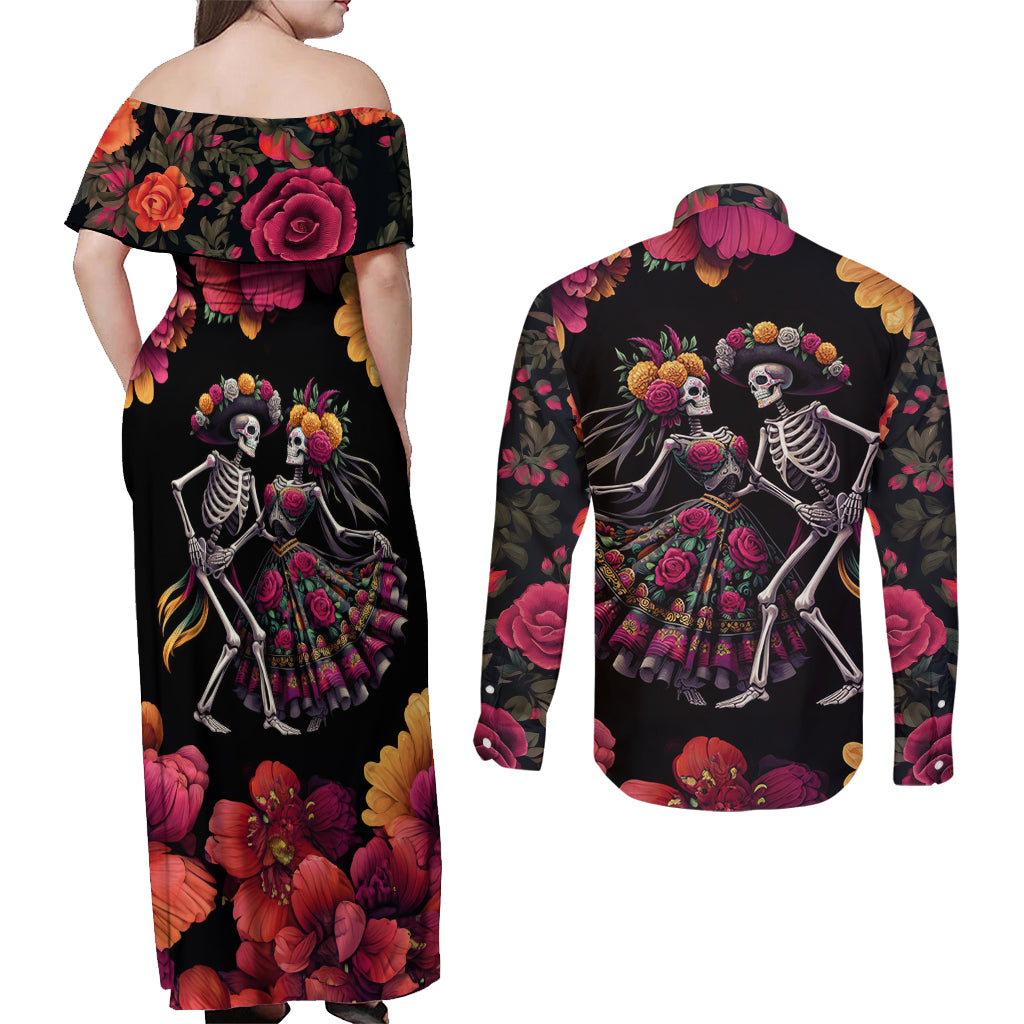 Day of Dead Couple Couples Matching Off Shoulder Maxi Dress and Long Sleeve Button Shirt Sugar Skull Couple Dancing - Wonder Print Shop