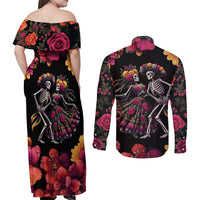 Day of Dead Couple Couples Matching Off Shoulder Maxi Dress and Long Sleeve Button Shirt Sugar Skull Couple Dancing - Wonder Print Shop