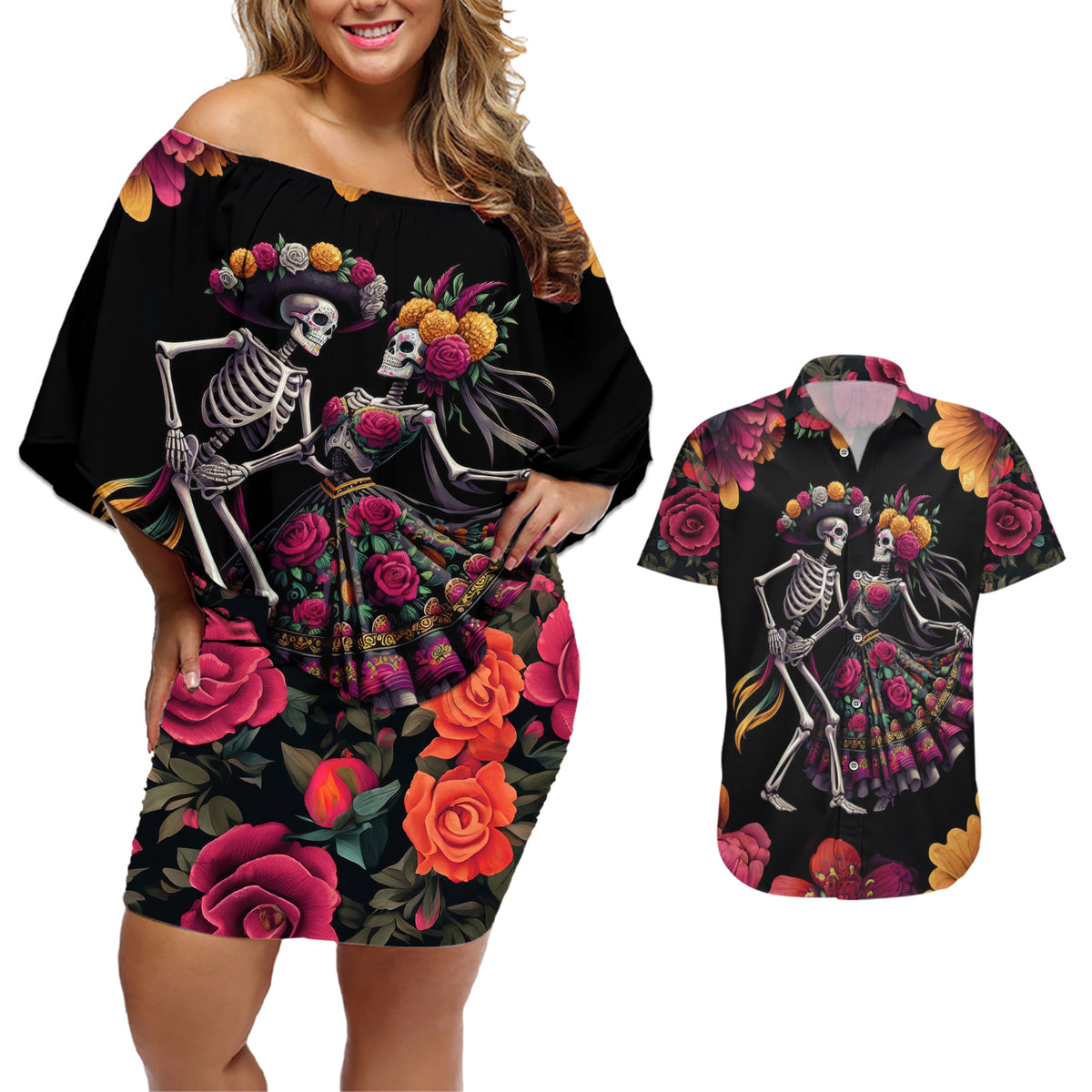 Day of Dead Couple Couples Matching Off Shoulder Short Dress and Hawaiian Shirt Sugar Skull Couple Dancing - Wonder Print Shop