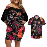 Day of Dead Couple Couples Matching Off Shoulder Short Dress and Hawaiian Shirt Sugar Skull Couple Dancing - Wonder Print Shop